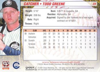 2001 Choice Columbus Clippers #23 Todd Greene Back