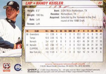 2001 Choice Columbus Clippers #27 Randy Keisler Back
