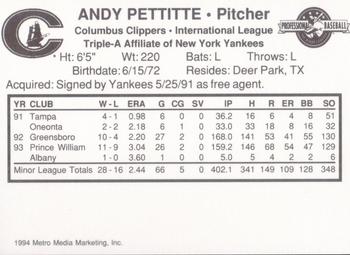 1994 Metro Media Columbus Clippers #NNO Andy Pettitte Back