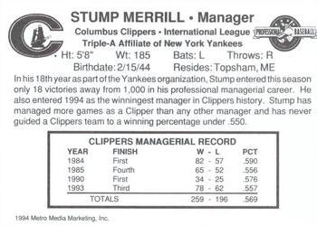 1994 Metro Media Columbus Clippers #NNO Stump Merrill Back