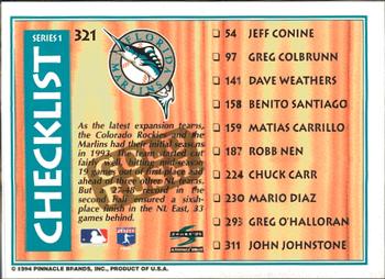 1995 Score - Gold Rush #321 Checklist: Indians / Marlins Back