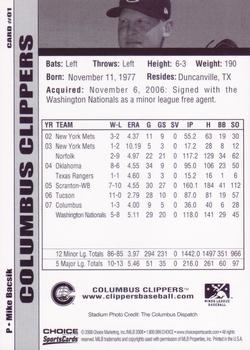 2008 Choice Columbus Clippers #1 Mike Bacsik Jr. Back