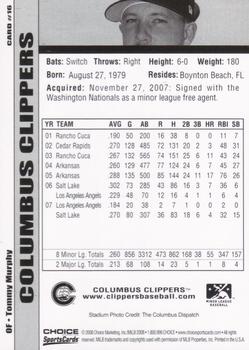 2008 Choice Columbus Clippers #16 Tommy Murphy Back