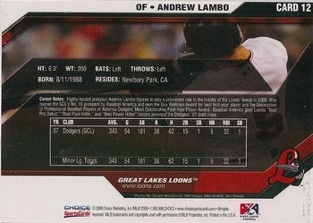 2008 Choice Great Lakes Loons #12 Andrew Lambo Back