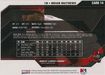 2008 Choice Great Lakes Loons #14 Brian Mathews Back