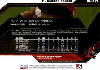 2008 Choice Great Lakes Loons #21 Daigoro Rondon Back