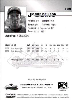 2008 Choice Greeneville Astros #9 Jorge De Leon Back