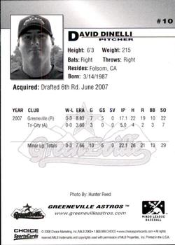 2008 Choice Greeneville Astros #10 David Dinelli Back