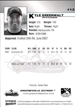 2008 Choice Greeneville Astros #13 Kyle Greenwalt Back