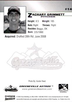 2008 Choice Greeneville Astros #14 Zach Grimmett Back