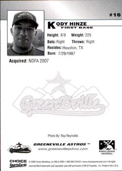 2008 Choice Greeneville Astros #16 Kody Hinze Back