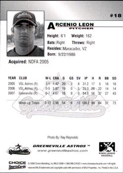 2008 Choice Greeneville Astros #18 Arcenio Leon Back
