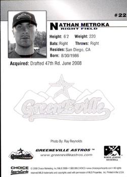 2008 Choice Greeneville Astros #22 Nate Metroka Back