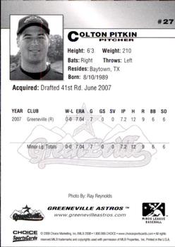 2008 Choice Greeneville Astros #27 Colton Pitkin Back