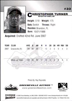 2008 Choice Greeneville Astros #33 Christopher Turner Back