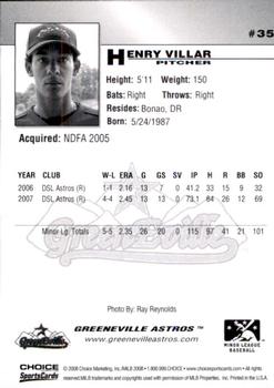 2008 Choice Greeneville Astros #35 Henry Villar Back