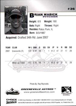 2008 Choice Greeneville Astros #36 Brian Wabick Back