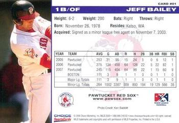 2008 Choice Pawtucket Red Sox #1 Jeff Bailey Back