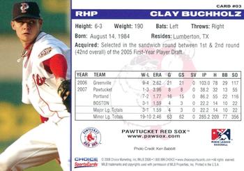 2008 Choice Pawtucket Red Sox #3 Clay Buchholz Back