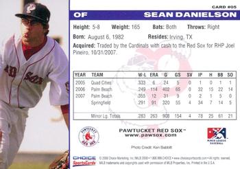2008 Choice Pawtucket Red Sox #5 Sean Danielson Back