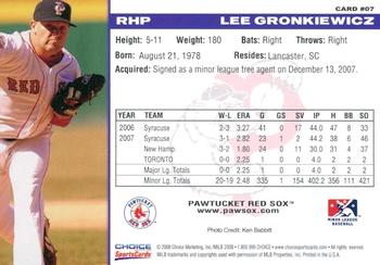 2008 Choice Pawtucket Red Sox #7 Lee Gronkiewicz Back