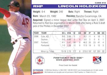 2008 Choice Pawtucket Red Sox #10 Lincoln Holdzkom Back