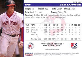 2008 Choice Pawtucket Red Sox #14 Jed Lowrie Back