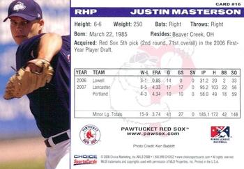 2008 Choice Pawtucket Red Sox #16 Justin Masterson Back