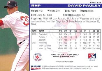 2008 Choice Pawtucket Red Sox #18 David Pauley Back