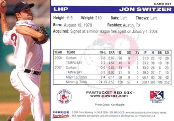 2008 Choice Pawtucket Red Sox #21 Jon Switzer Back
