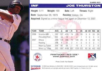 2008 Choice Pawtucket Red Sox #23 Joe Thurston Back