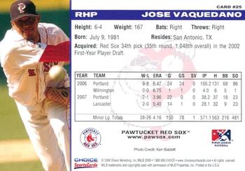 2008 Choice Pawtucket Red Sox #25 Jose Vaquedano Back
