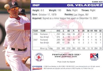 2008 Choice Pawtucket Red Sox #26 Gil Velazquez Back
