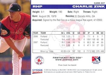 2008 Choice Pawtucket Red Sox #27 Charlie Zink Back
