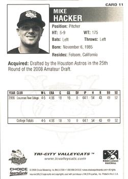 2008 Choice Tri-City ValleyCats #11 Mike Hacker Back