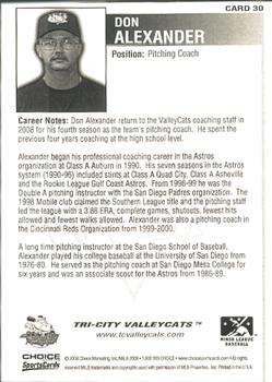 2008 Choice Tri-City ValleyCats #30 Don Alexander Back