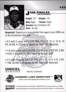 2008 Choice Vermont Lake Monsters #22 Jose Pinales Back