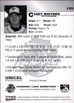 2008 Choice Vermont Lake Monsters #29 Casey Whitmer Back