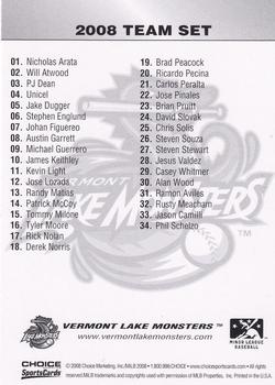 2008 Choice Vermont Lake Monsters #NNO Checklist Back