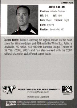 2008 Choice Winston-Salem Warthogs #19 Josh Fallin Back