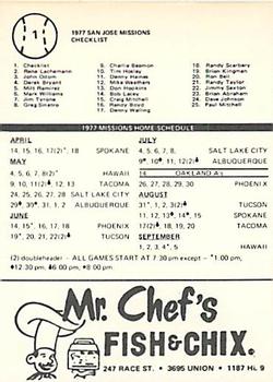 1977 Mr. Chef's San Jose Missions #1 Team Photo / Checklist Back