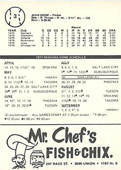 1977 Mr. Chef's San Jose Missions #3 Blue Moon Odom Back