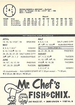 1977 Mr. Chef's San Jose Missions #4 Derek Bryant Back