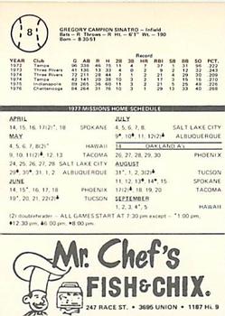 1977 Mr. Chef's San Jose Missions #8 Greg Sinatro Back