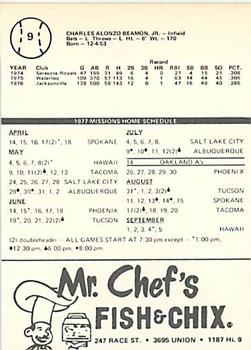1977 Mr. Chef's San Jose Missions #9 Charlie Beamon Back