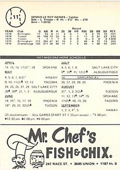 1977 Mr. Chef's San Jose Missions #11 Denny Haines Back