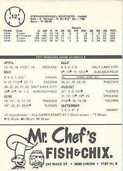 1977 Mr. Chef's San Jose Missions #12 Mike Weathers Back
