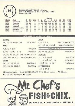 1977 Mr. Chef's San Jose Missions #16 Randy Boyd Back