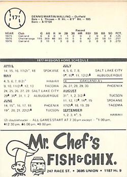 1977 Mr. Chef's San Jose Missions #17 Denny Walling Back