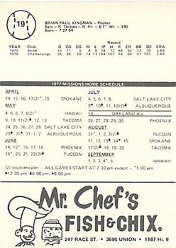 1977 Mr. Chef's San Jose Missions #19 Brian Kingman Back